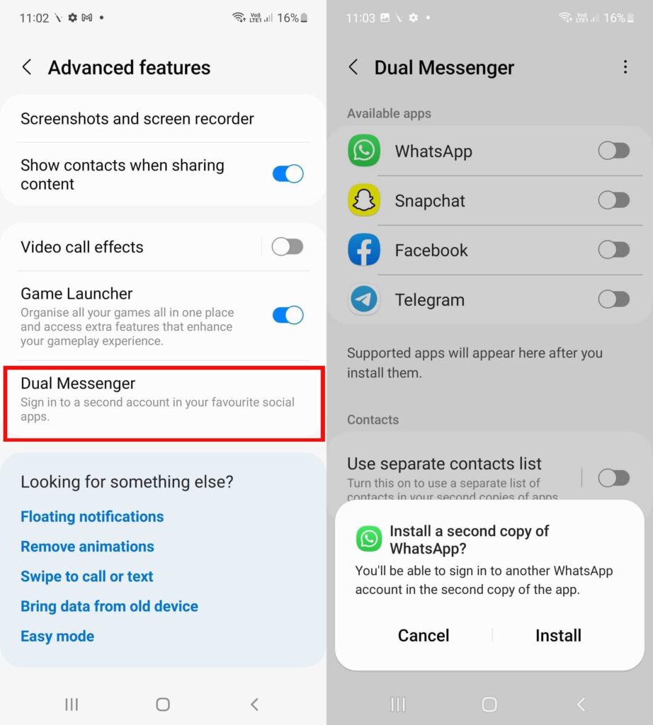 Clone Whatsapp através de configurações In-Built Dual-Messenger 